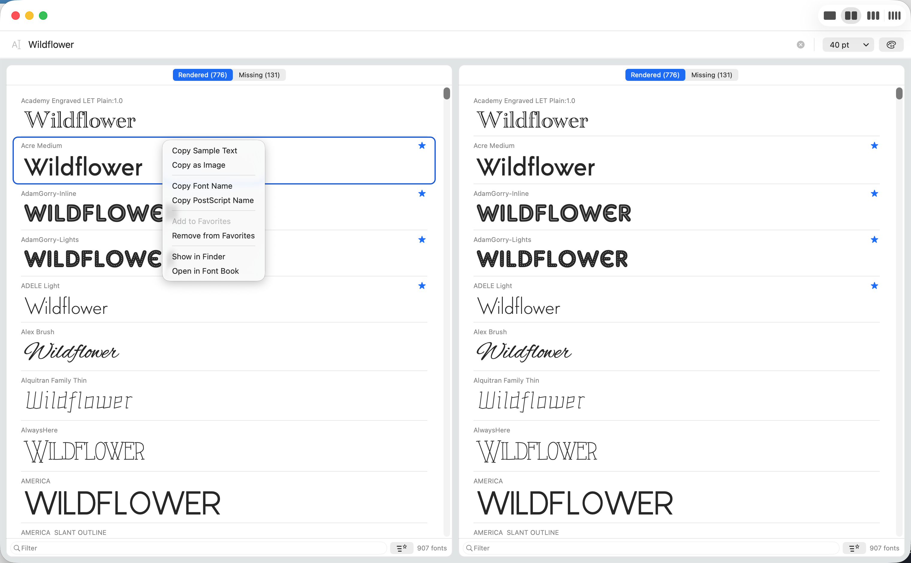 The right-click menu: copy a sample as text or image, or reveal the font file