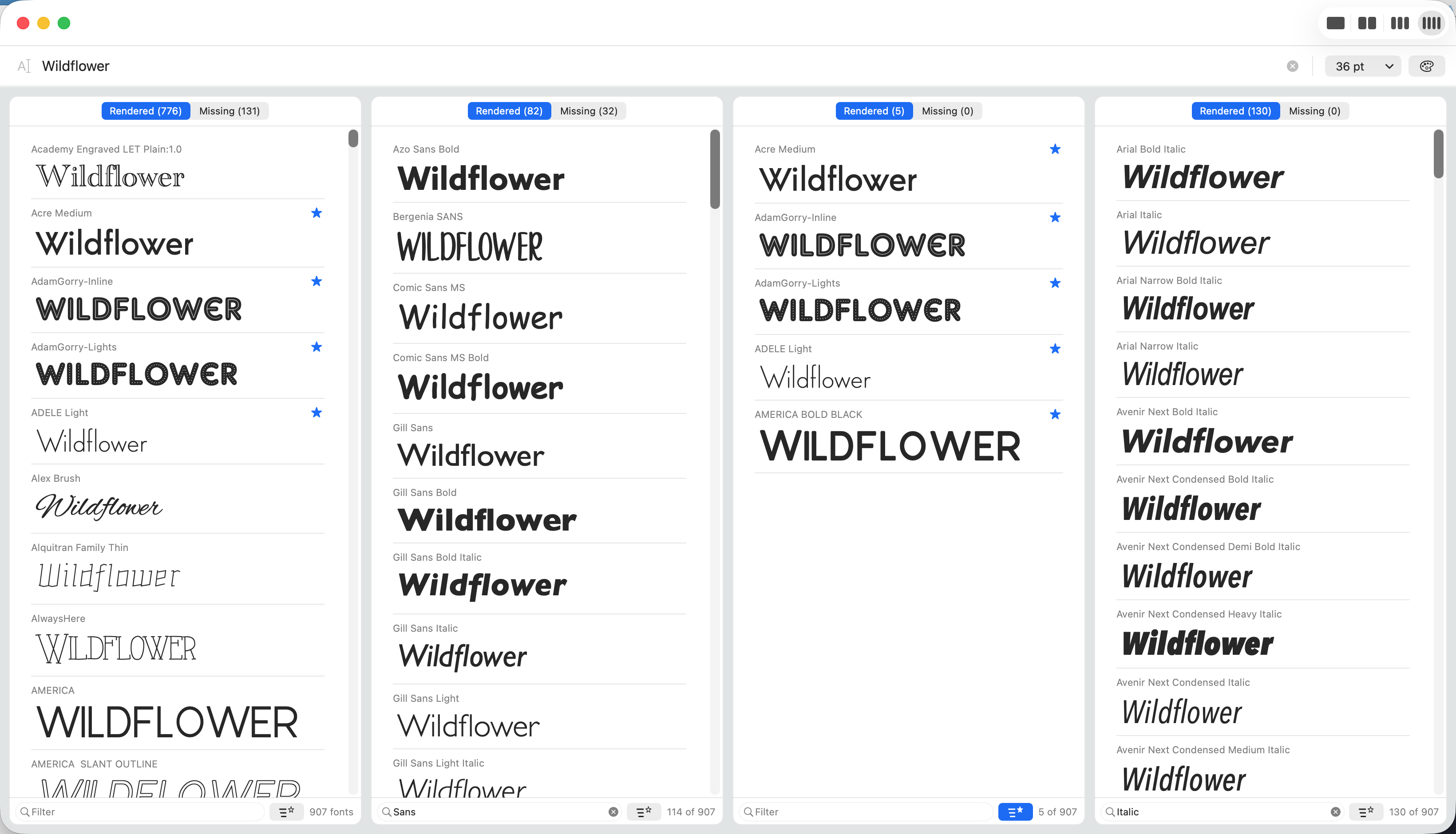 Four independent columns: a name filter, favorites only, italics, and the full list