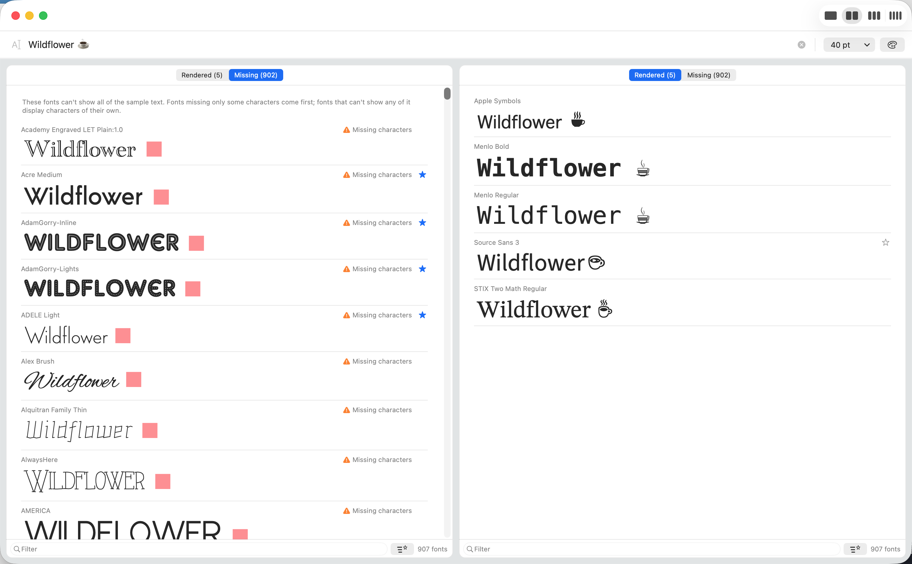 The Missing tab listing fonts that can't show the coffee cup emoji in the sample text