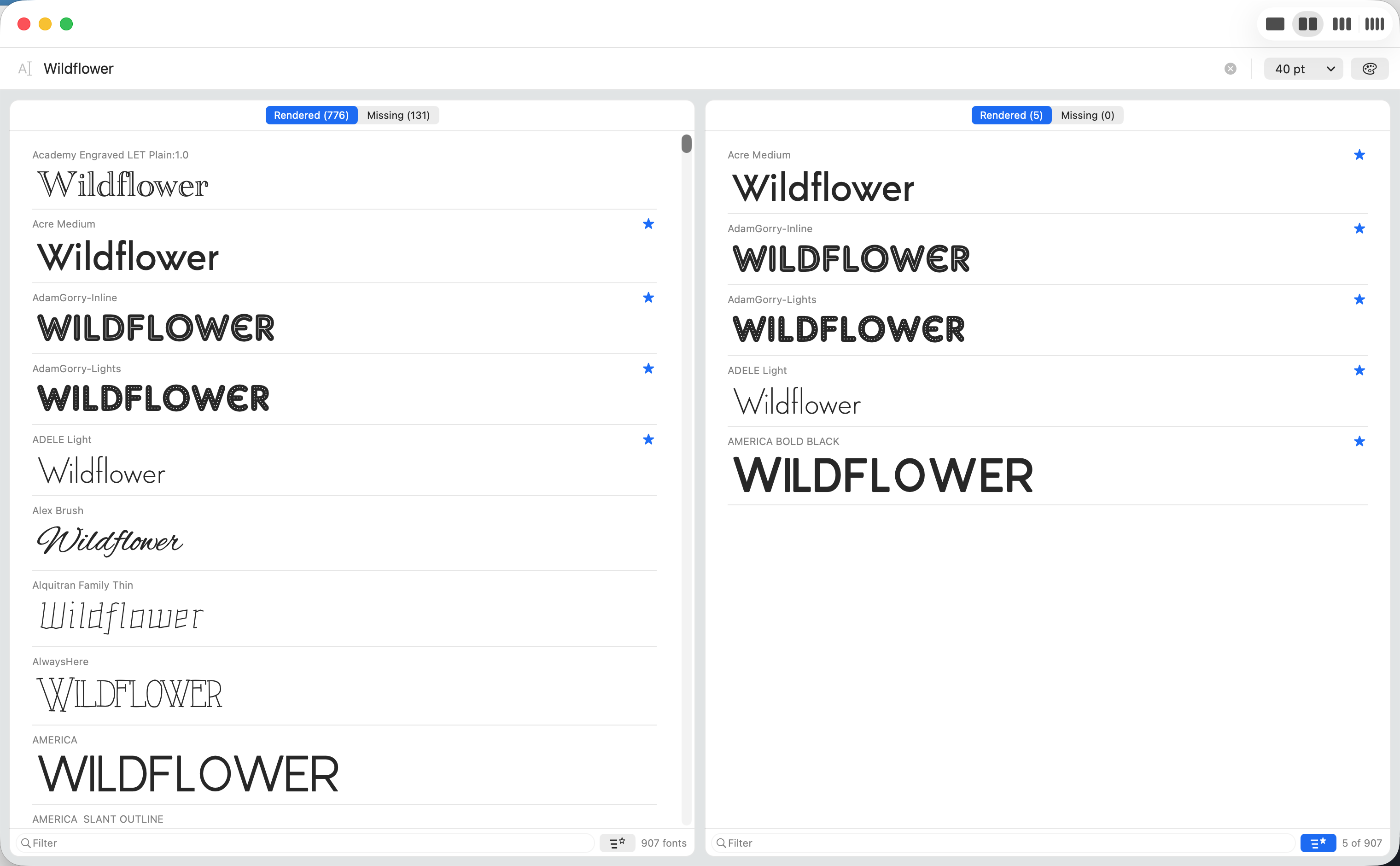 FontPreview showing one phrase set in many installed fonts, in two columns