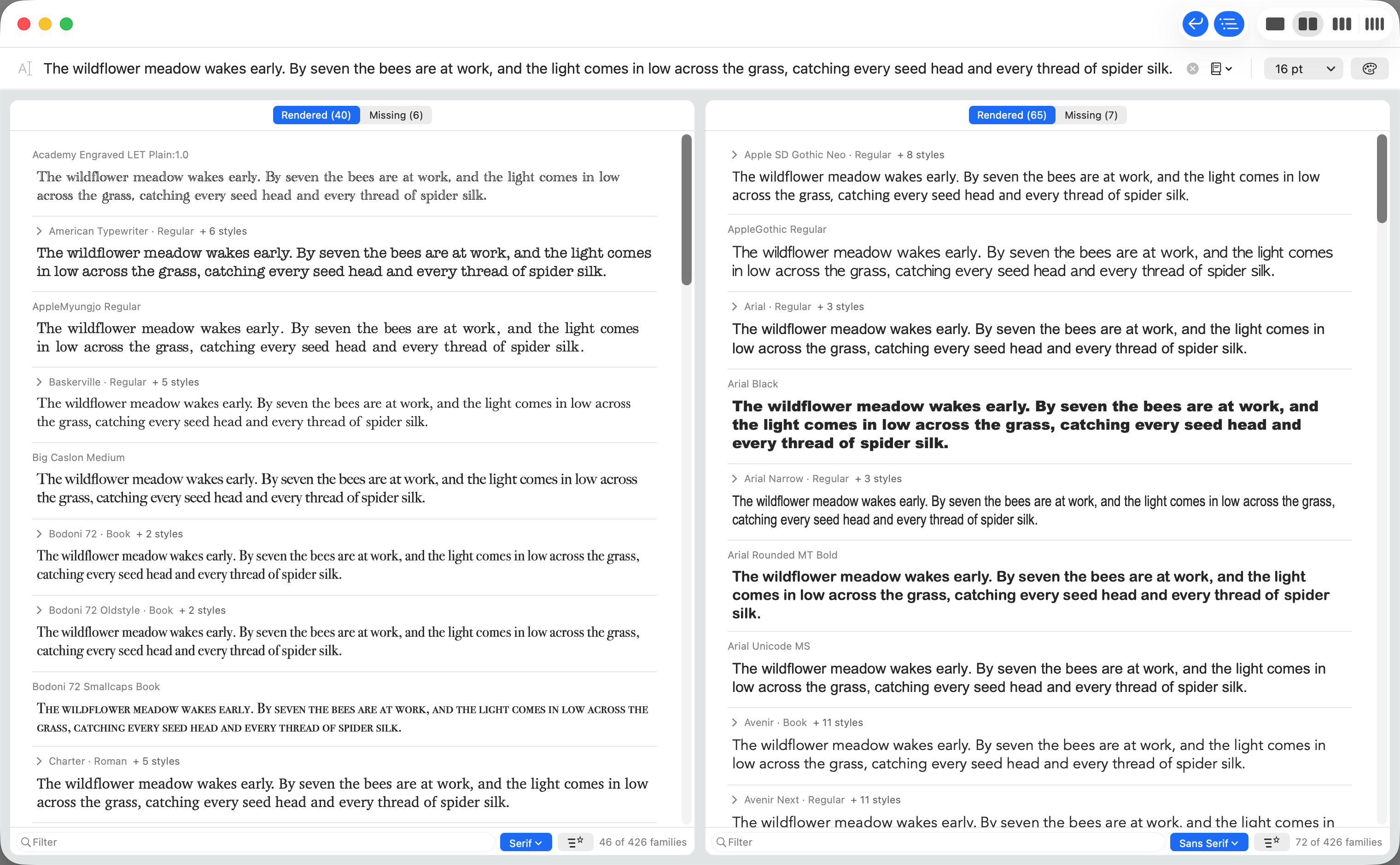 A paragraph wrapped onto three lines in every serif font on the left and every sans serif on the right