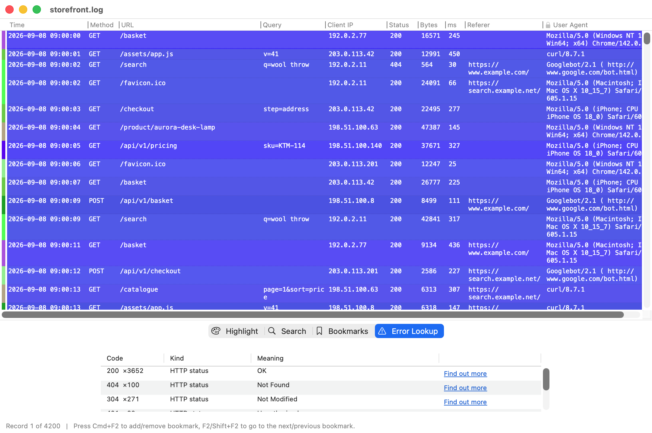 Rubrica's error lookup explaining the HTTP status codes found in a selected log