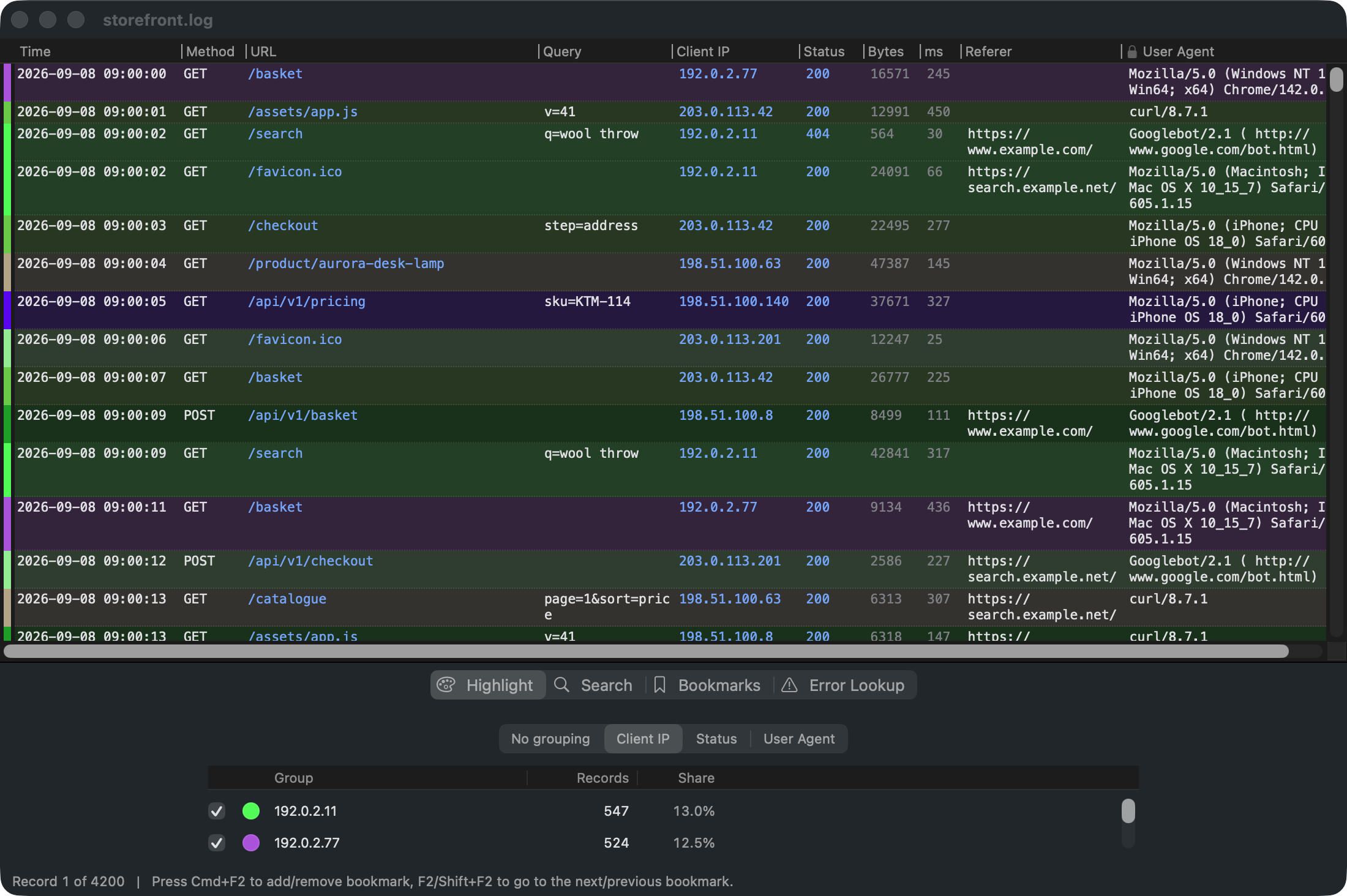 Rubrica showing an IIS web server log in dark mode, rows coloured by client IP address