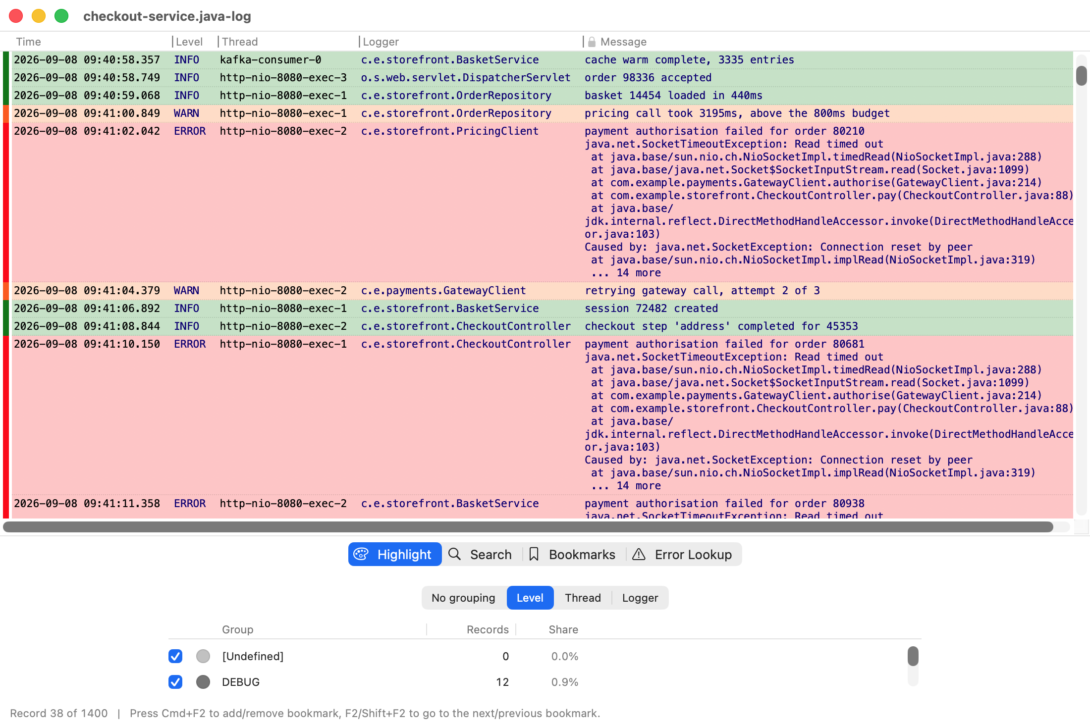 A Java log in Rubrica where each exception and its full stack trace is a single row, coloured red by log level