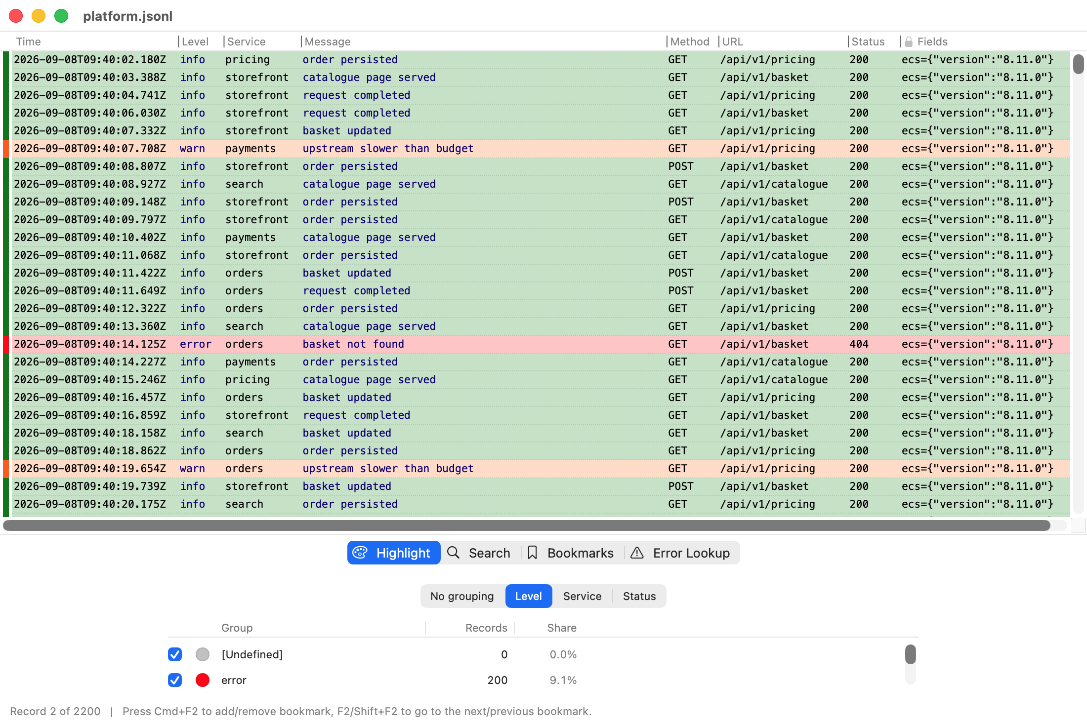 A JSON log opened in Rubrica with its keys shown as real columns rather than raw text