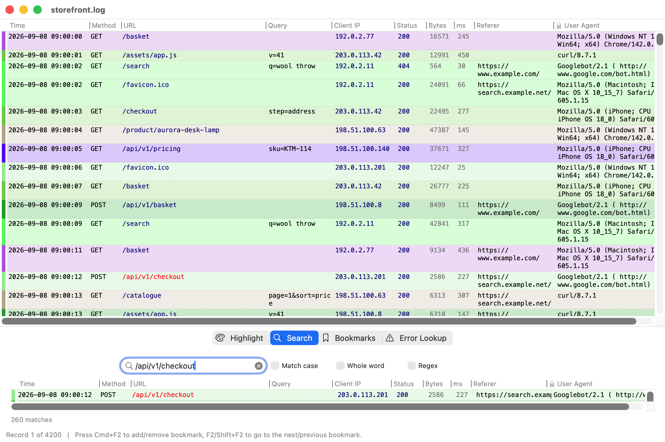 Searching a log in Rubrica, with matches highlighted inside each cell and a results list below