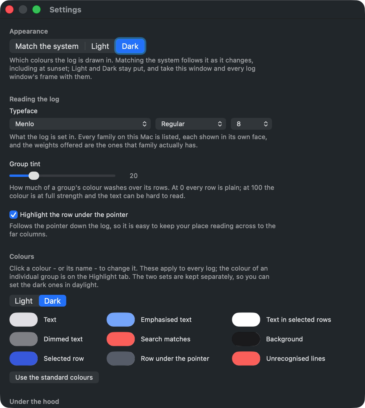 Rubrica's settings window showing separate light and dark colour palettes