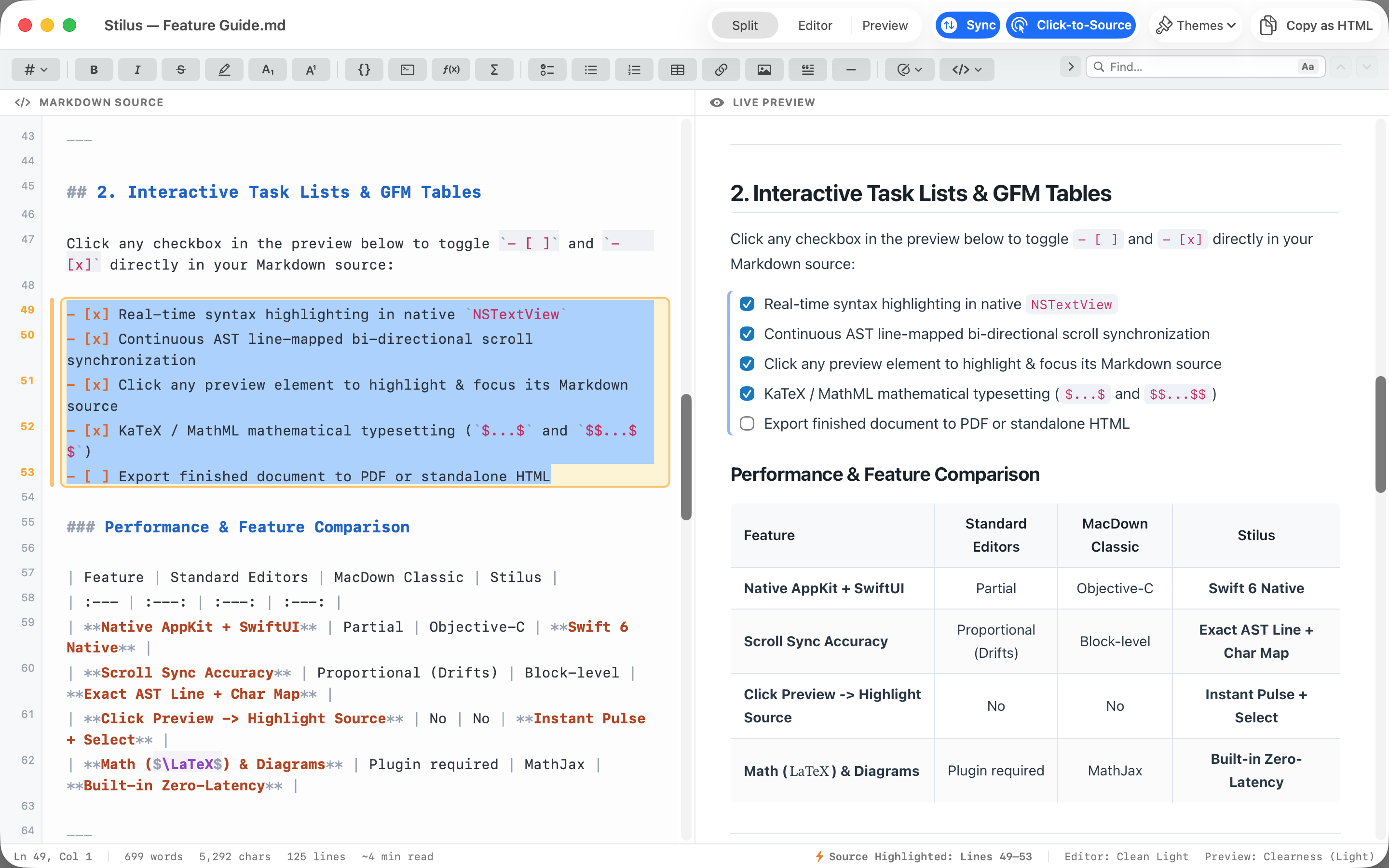 A task list clicked in the Stilus preview, with its five source lines selected and highlighted in the editor
