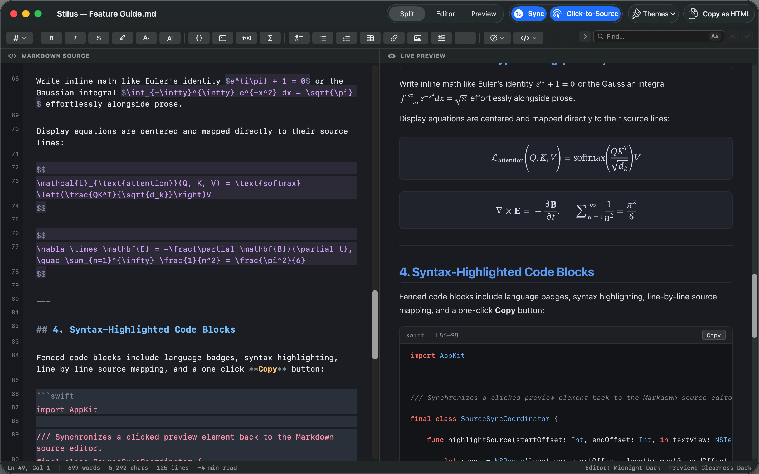 Stilus in a dark editor theme with a dark preview theme, showing equations and a code block