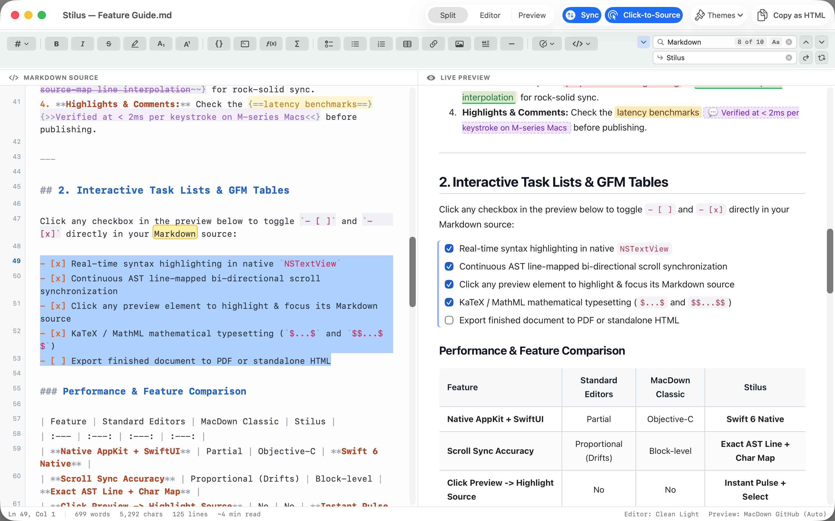 Find and replace open in the Stilus toolbar, with every match highlighted in the source and the preview