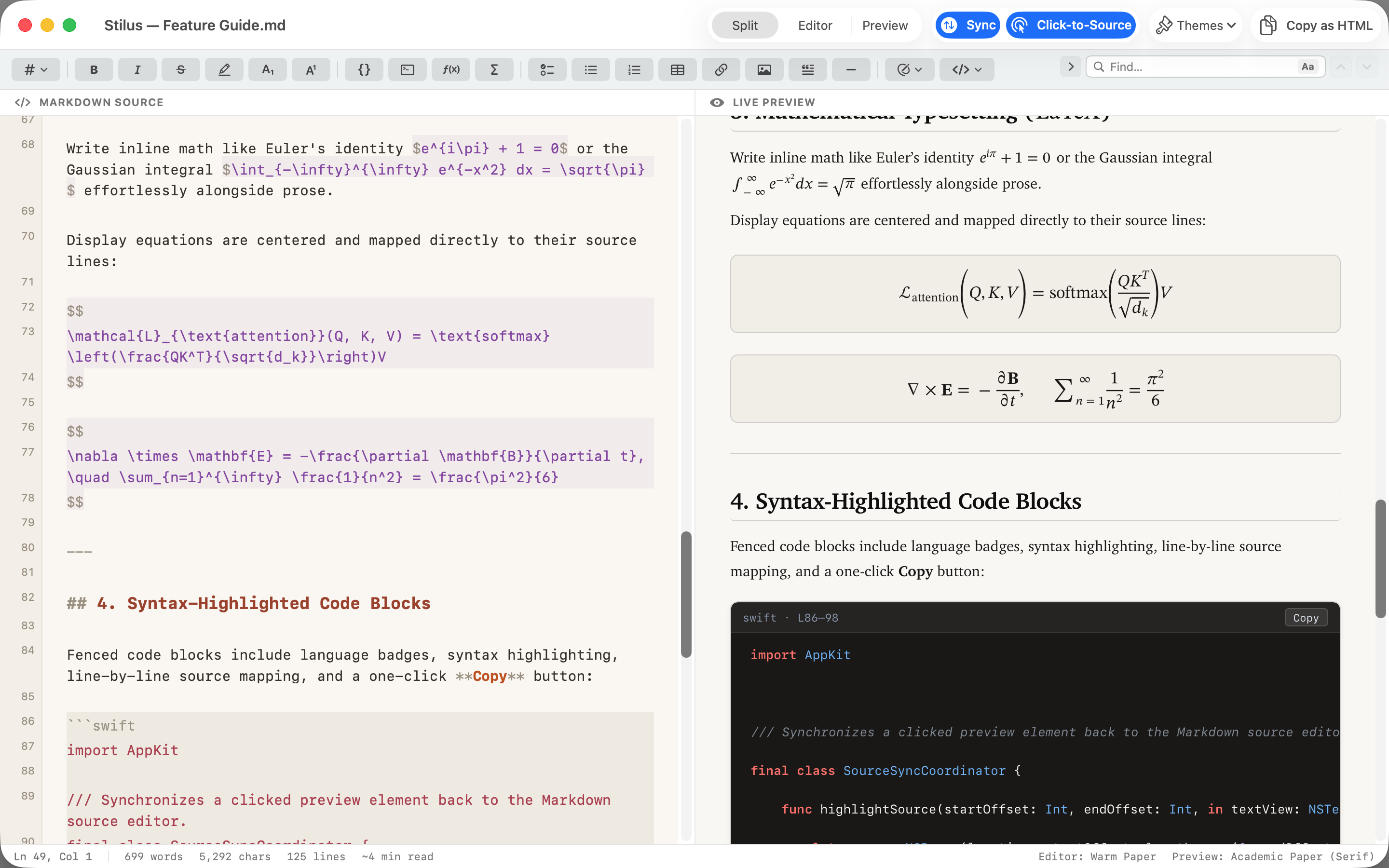 LaTeX equations and a Swift code block in the Stilus source, rendered as typeset maths and highlighted code in the preview