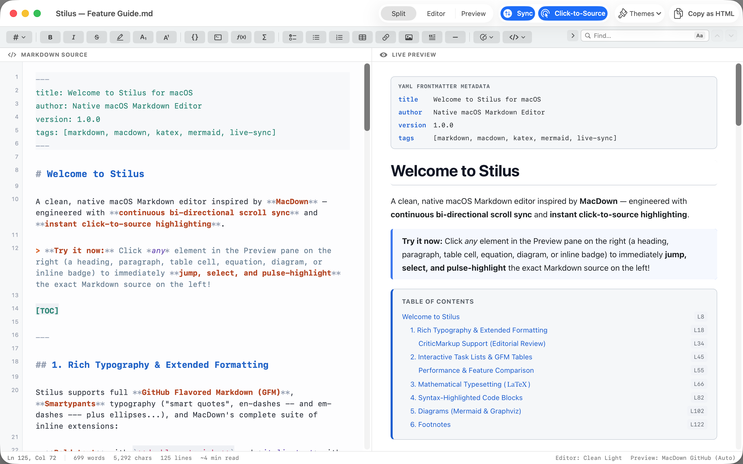 Stilus with Markdown source on the left and the rendered preview on the right, showing front matter, a heading and a table of contents